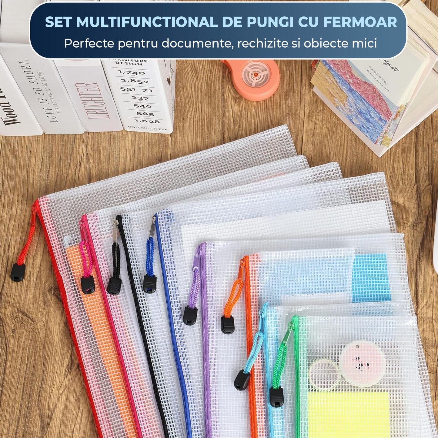 Set 30 pungi organizatoare Timebox, cu fermoar, 8 dimensiuni si 8 culori