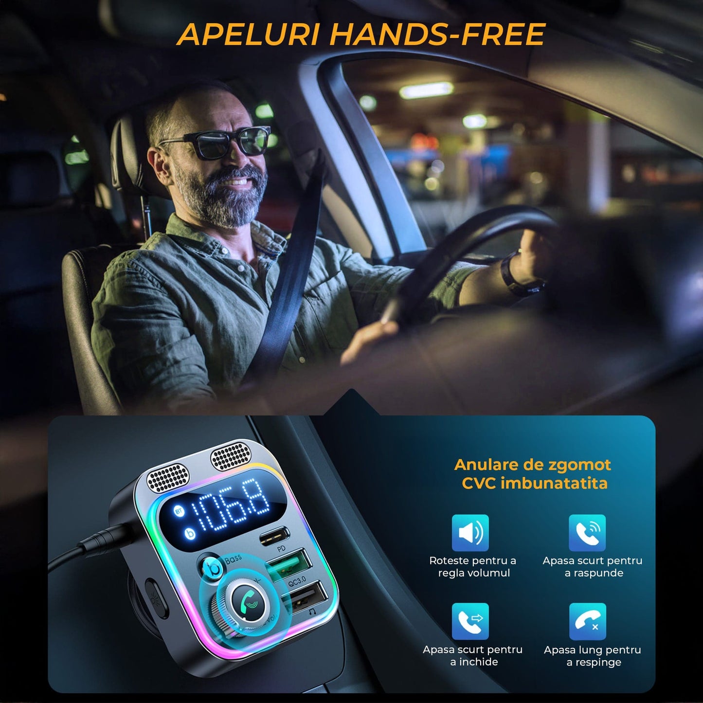 Modulator FM Auto Bluetooth 5 Timebox, Microfoane Duale, Negru