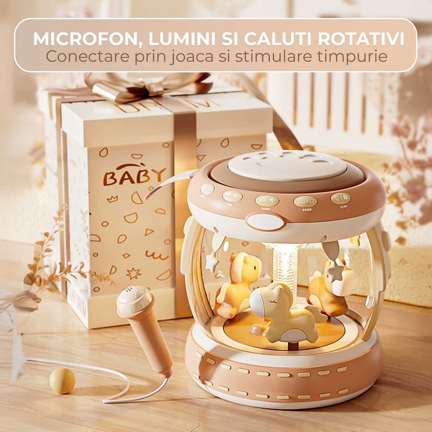 Boxa interactiva pentru bebelusi 0, 1 ani, Functie de hand drum si microfon, Bej