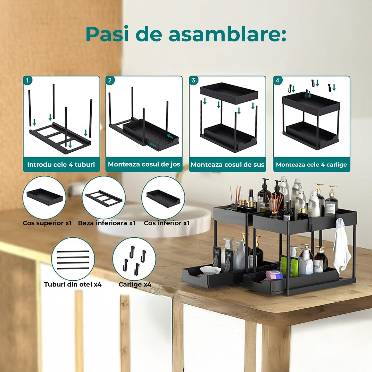 Organizatoar cu Sertar Glisant pentru Dulap - 2 Niveluri, Negru