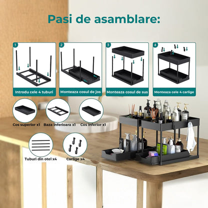 Organizatoar cu Sertar Glisant pentru Dulap - 2 Niveluri, Negru