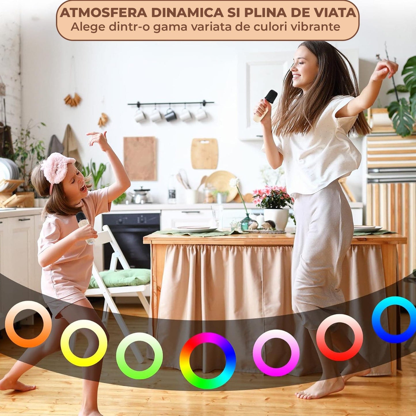 Set Boxa Bluetooth 5, 0 Karaoke Cu 2 Microfoane Wireless, Multi-Functionala, Bej
