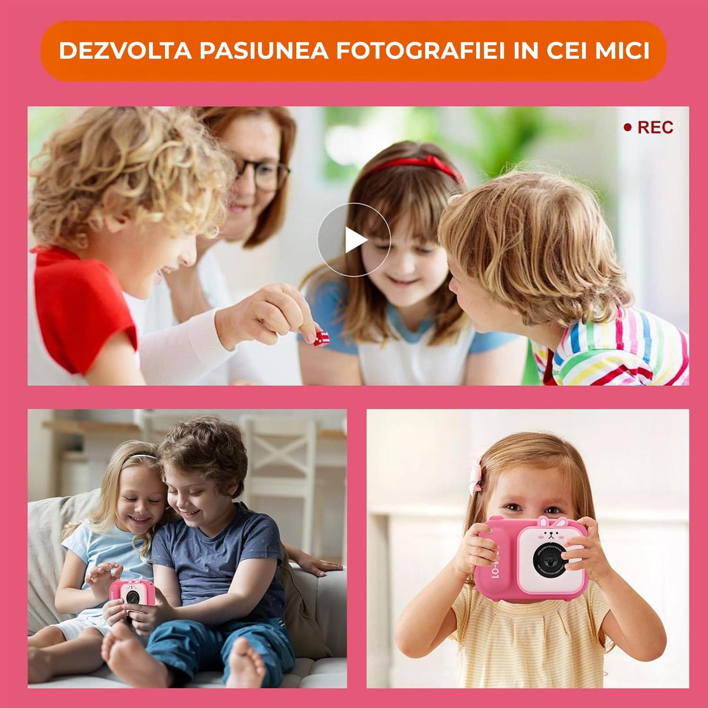 Camera Video Digitala pentru Copii cu Ecran Mare 2, Card 32GB, Roz