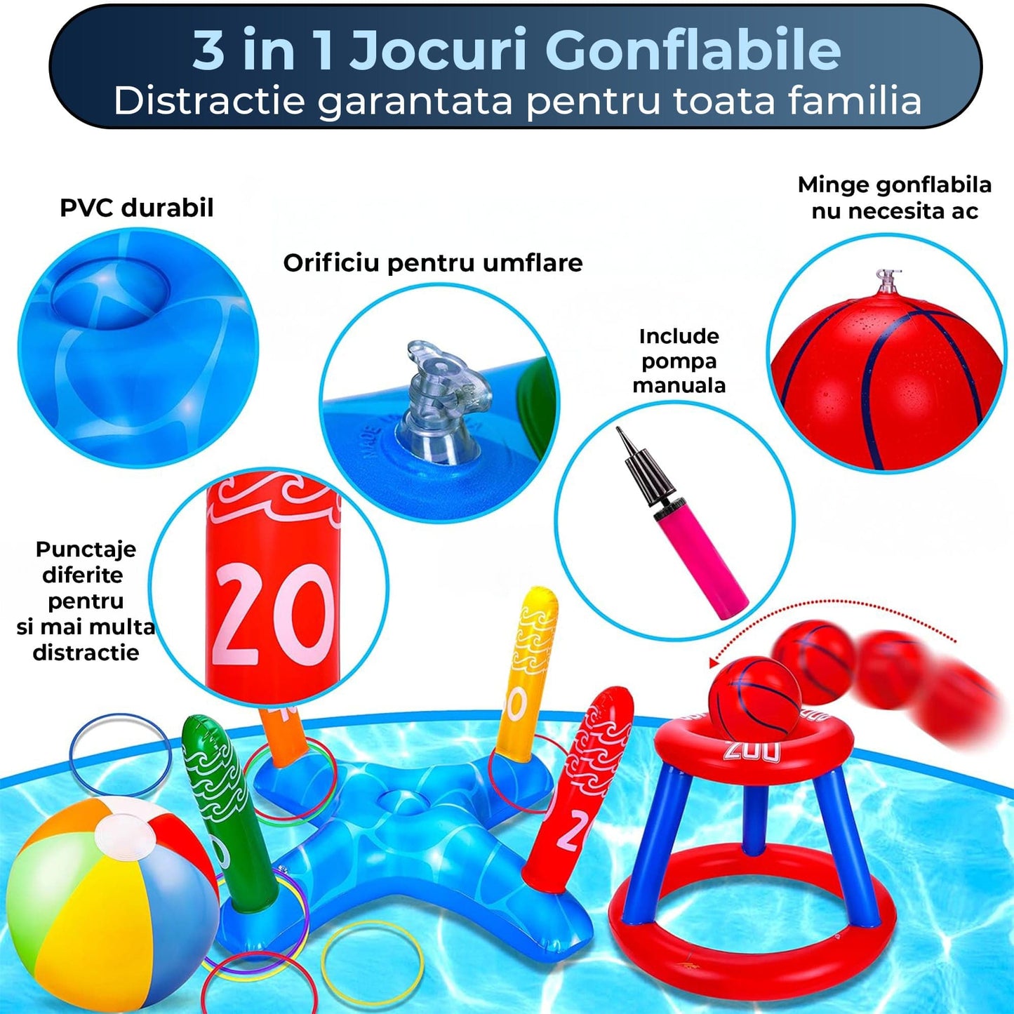 Set 3 in 1 Jocuri Gonflabile pentru Piscina, Cos Baschet Plutitor