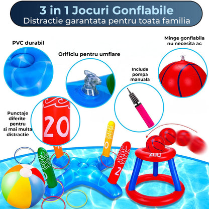 Set 3 in 1 Jocuri Gonflabile pentru Piscina, Cos Baschet Plutitor