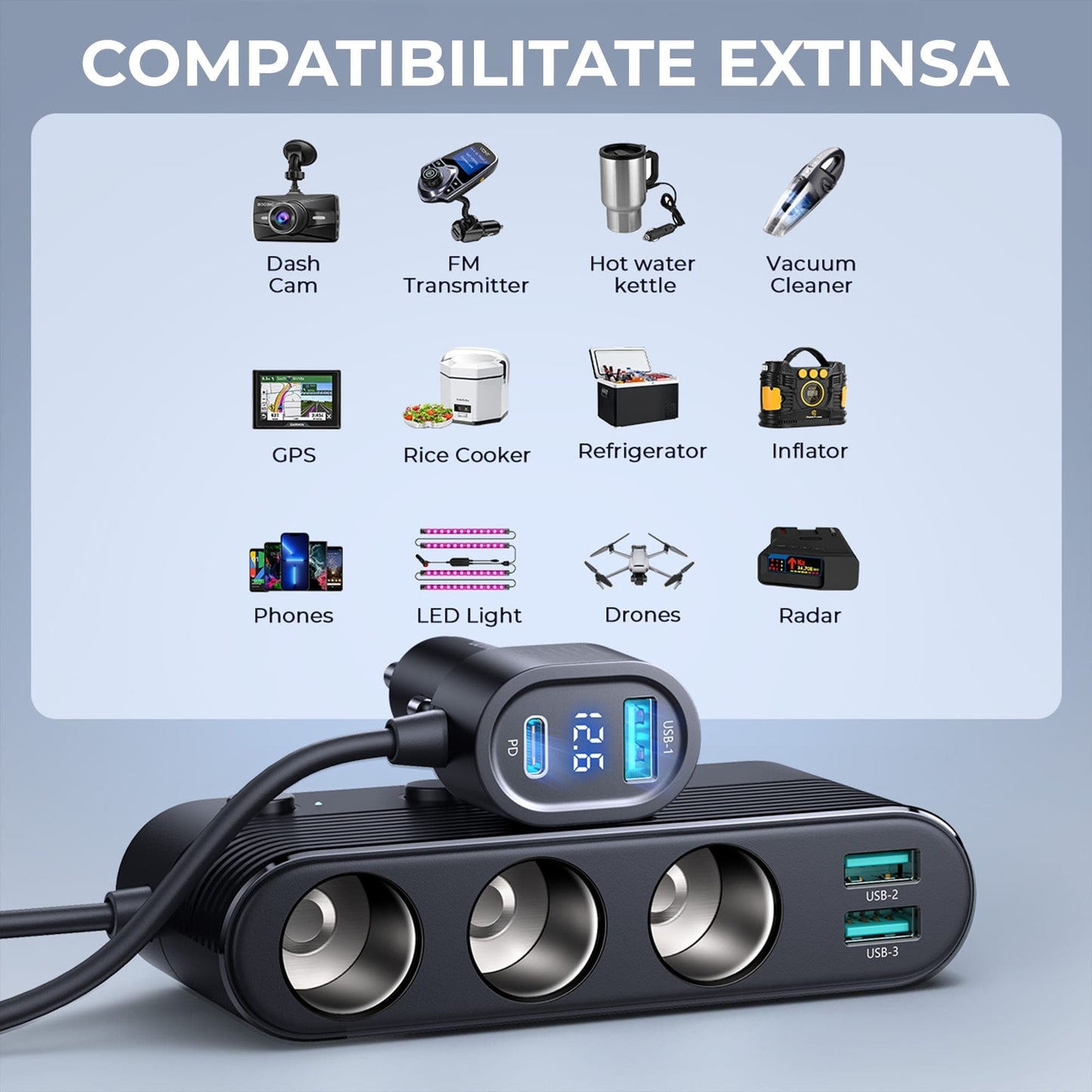 Adaptor priza Timebox, 139W, 3 x USB, 1 X USB-C, 7 in 1, 3x soclu auto, C 3