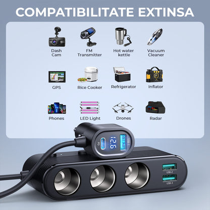 Adaptor priza Timebox, 139W, 3 x USB, 1 X USB-C, 7 in 1, 3x soclu auto, C 3
