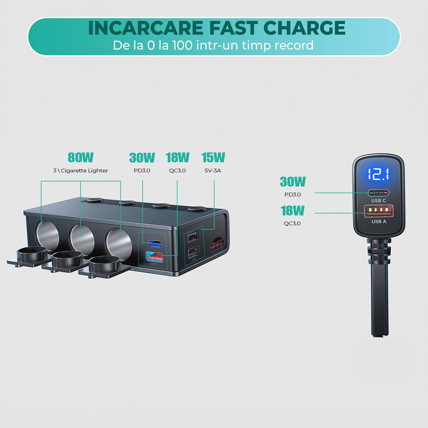 Adaptor pentru bricheta auto Timebox, 9 in 1, 3 x soclu auto, Negru