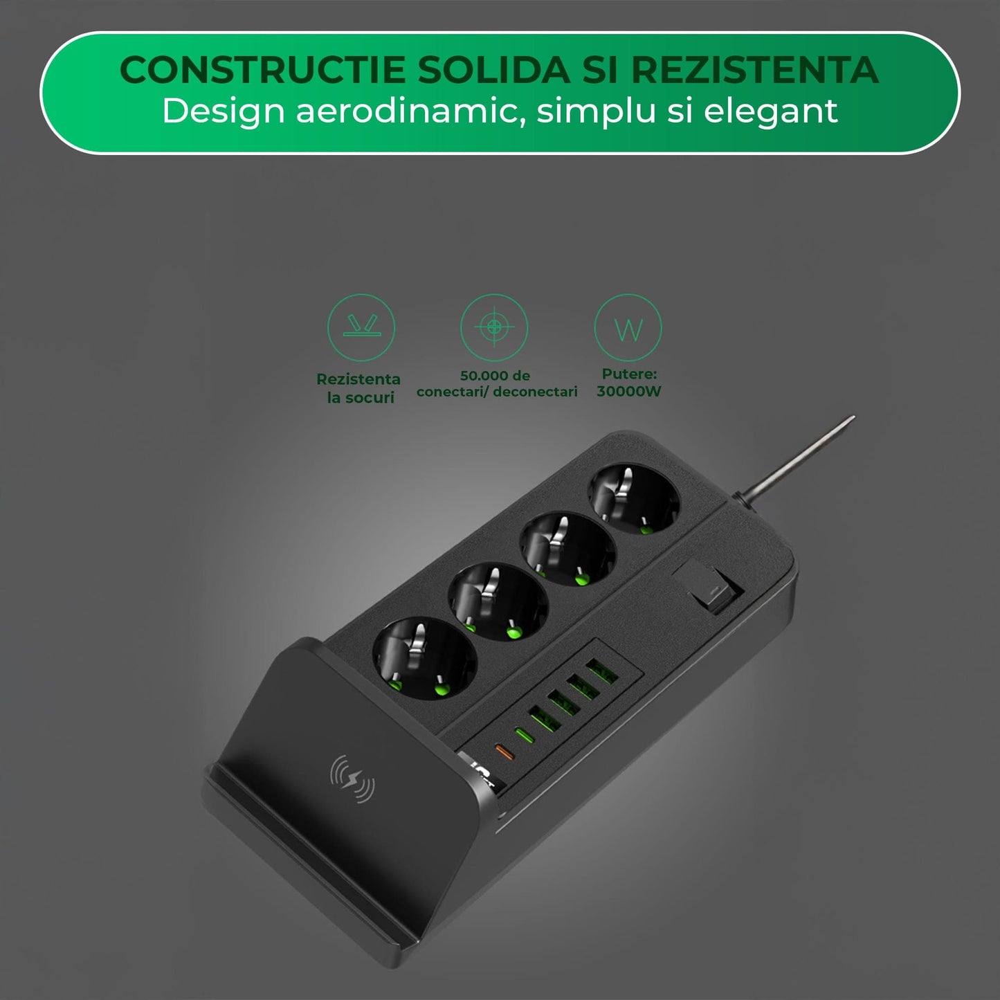 Priza Timebox, standard cu comutator 3000W, 4 x USB, 2 x Type-C, 4 prize, Negru