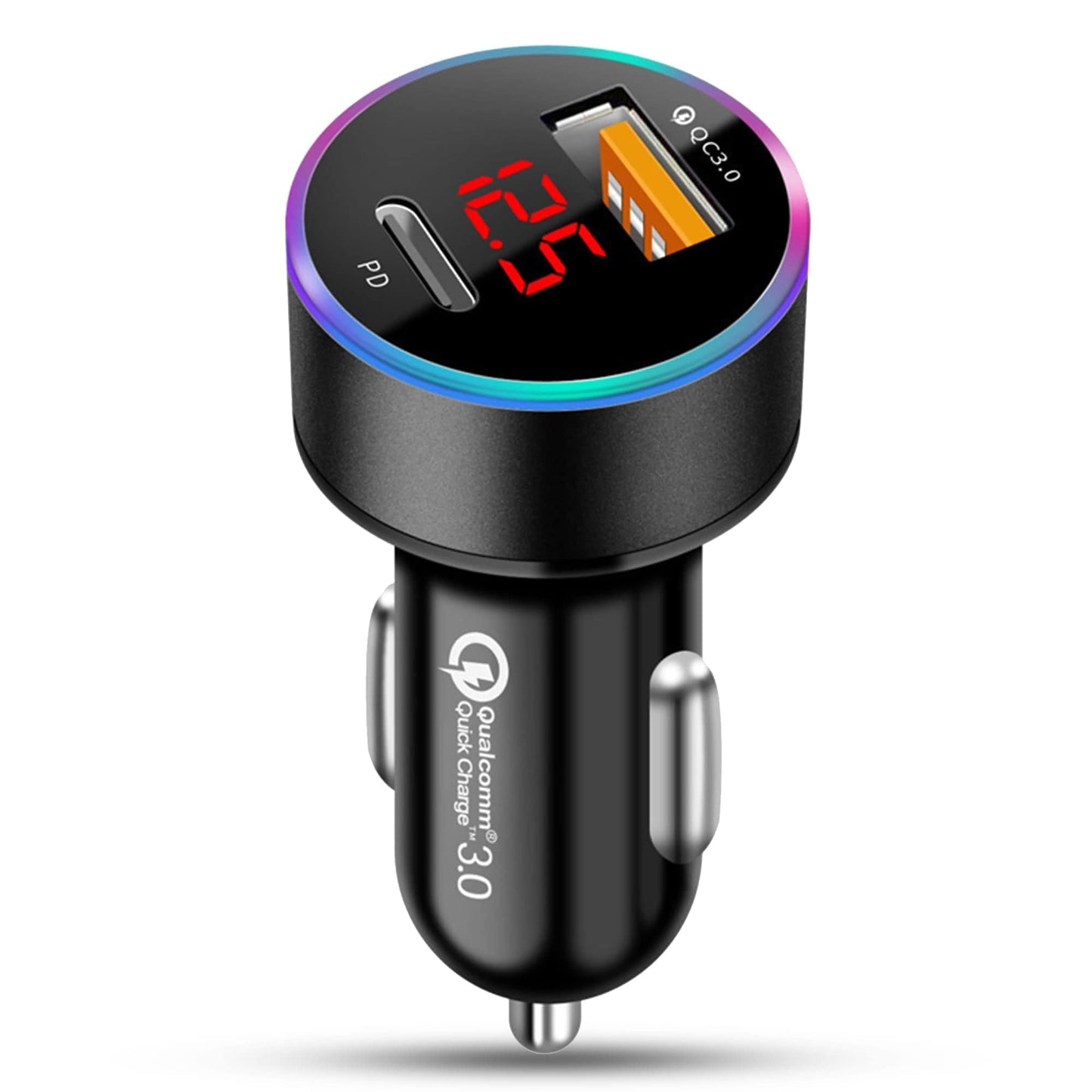 Incarcator auto, 36W, 1 x Type-C, 1 x USB , Quick Charger 3, Lumini LED, Negru