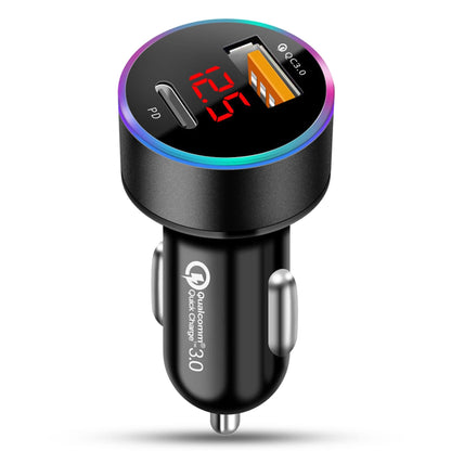 Incarcator auto, 36W, 1 x Type-C, 1 x USB , Quick Charger 3, Lumini LED, Negru