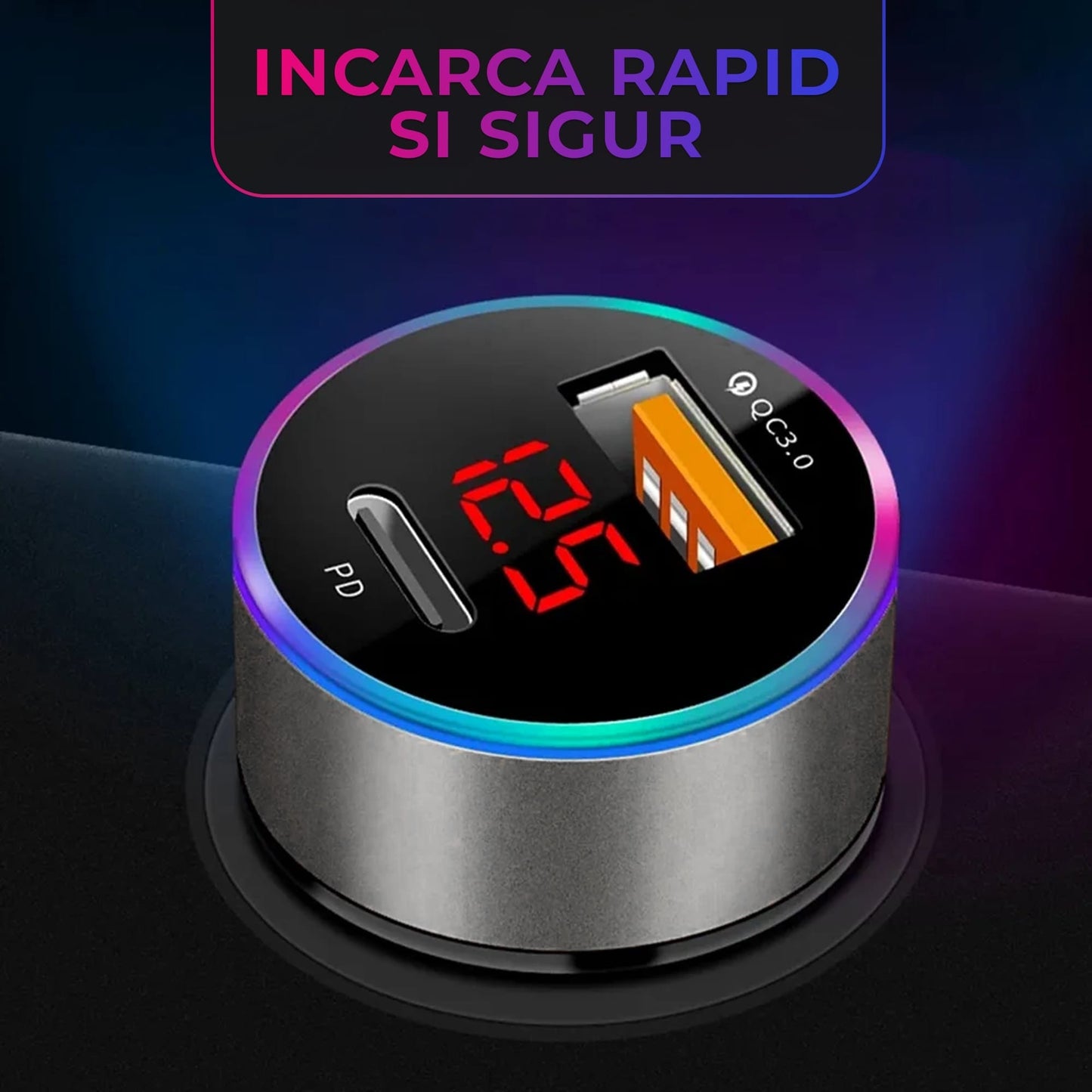 Incarcator auto, 36W, 1 x Type-C, 1 x USB , Quick Charger 3, Lumini LED, Negru