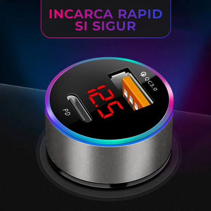 Incarcator auto, 36W, 1 x Type-C, 1 x USB , Quick Charger 3, Lumini LED, Negru