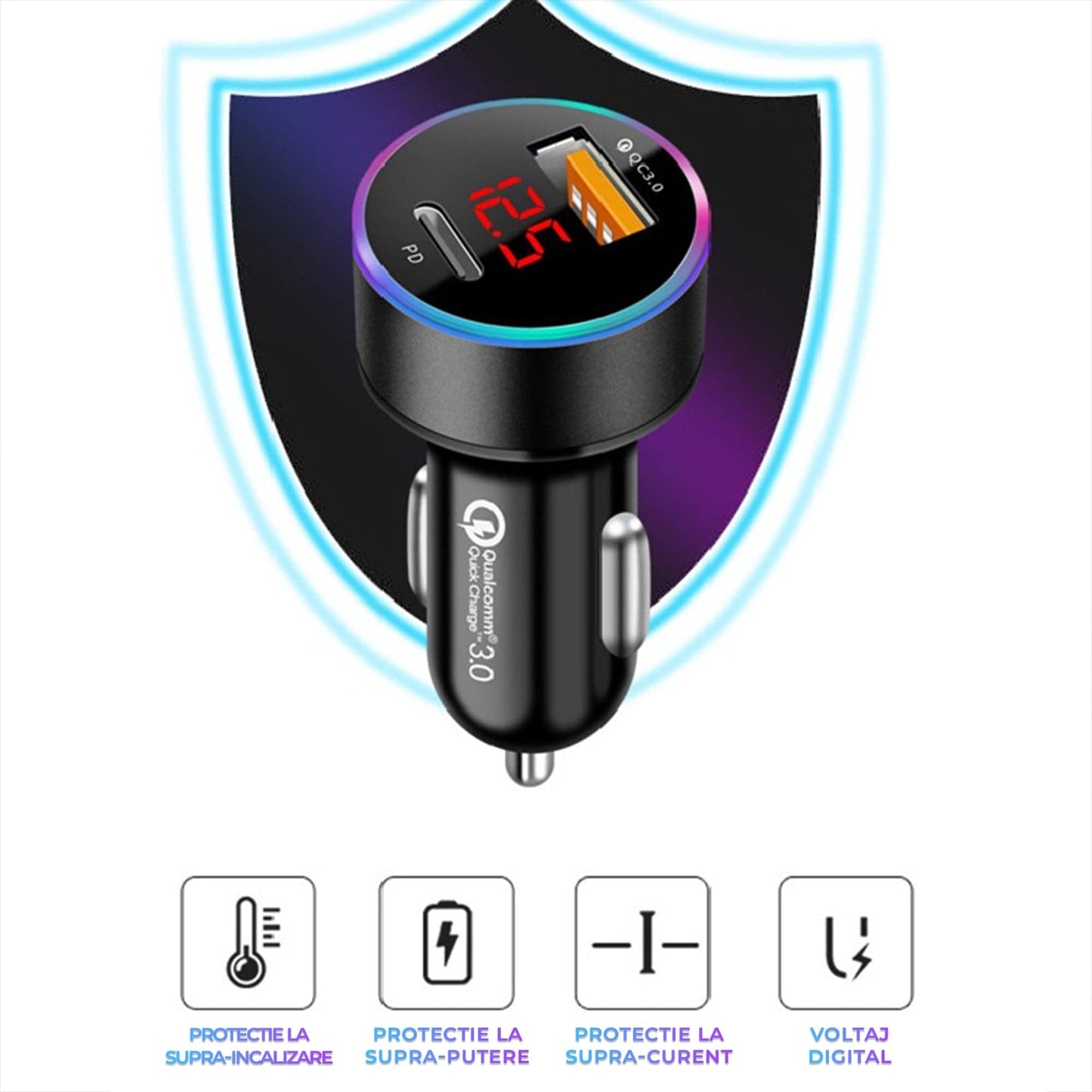 Incarcator auto, 36W, 1 x Type-C, 1 x USB , Quick Charger 3, Lumini LED, Negru