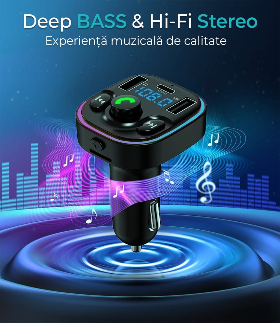 Modulator FM, Hands-Free Kit cu 10 functii, QC 3, Port USB Type-C, Negru