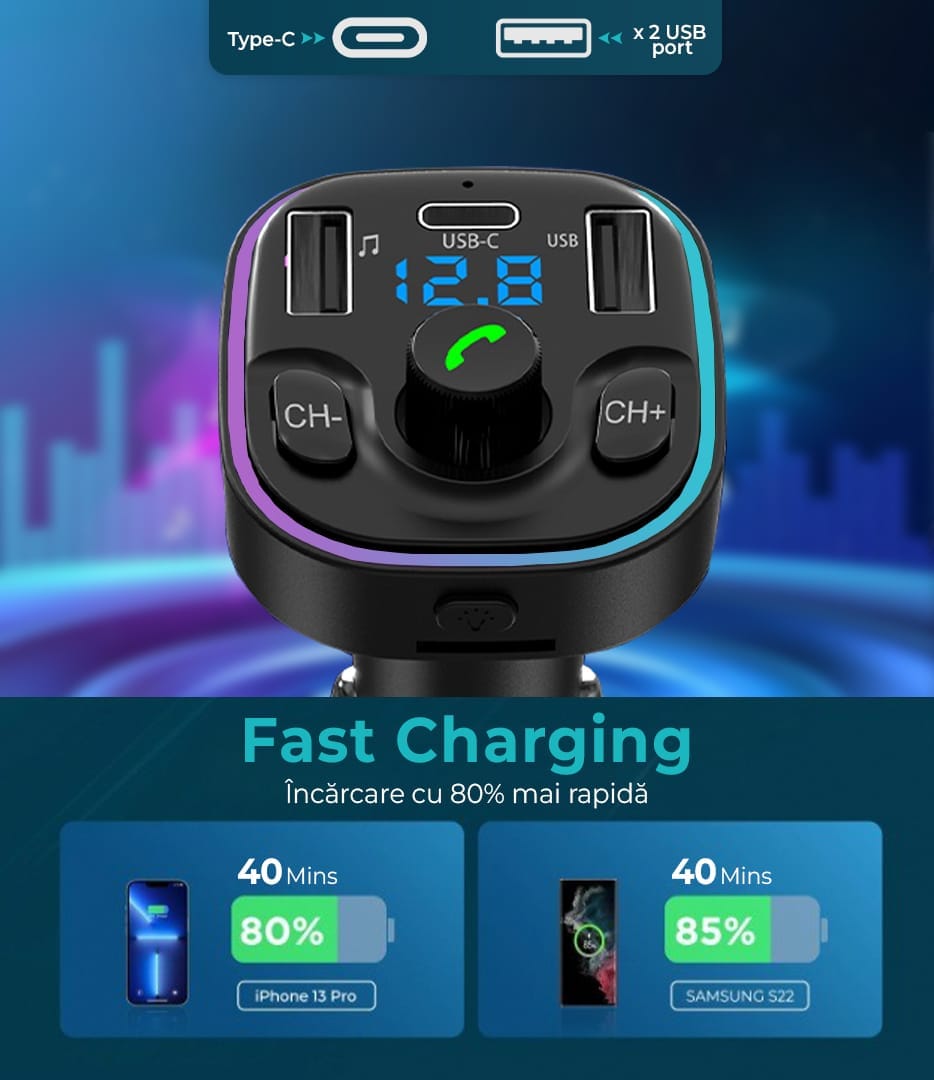 Modulator FM, Hands-Free Kit cu 10 functii, QC 3, Port USB Type-C, Negru