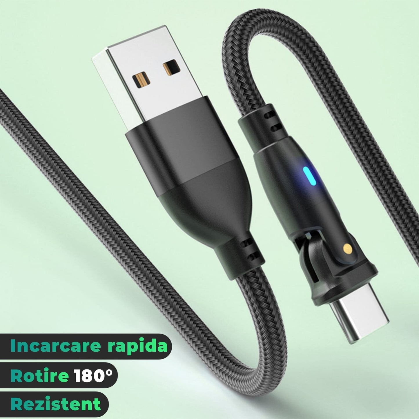 Cablu Date si Incarcare Rapida Timebox, 60W, 2m, Rotire 180 grade, QC 3, Negru