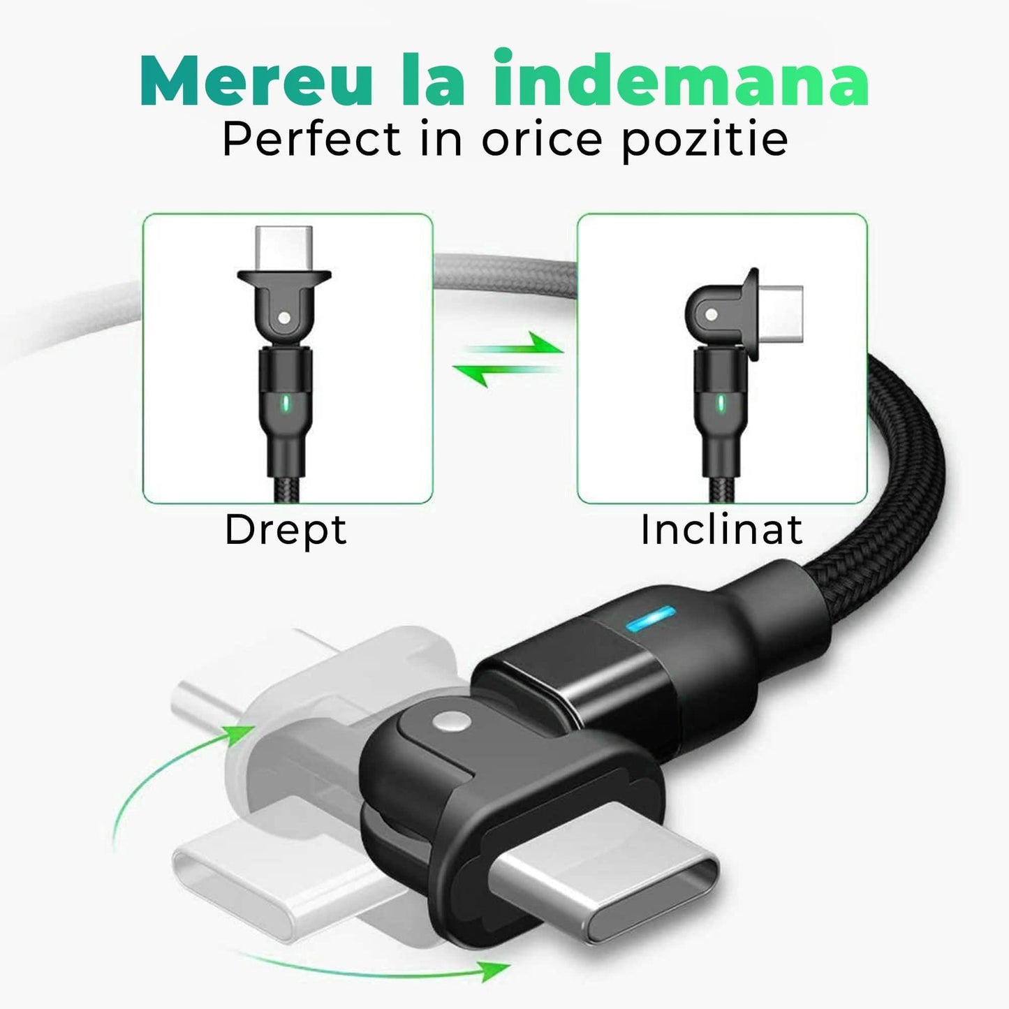 Cablu Date si Incarcare Rapida Timebox, 60W, 2m, Rotire 180 grade, QC 3, Negru