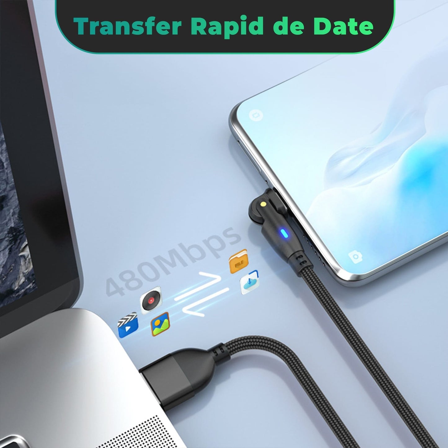 Cablu Date si Incarcare Rapida Timebox, 60W, 2m, Rotire 180 grade, QC 3, Negru