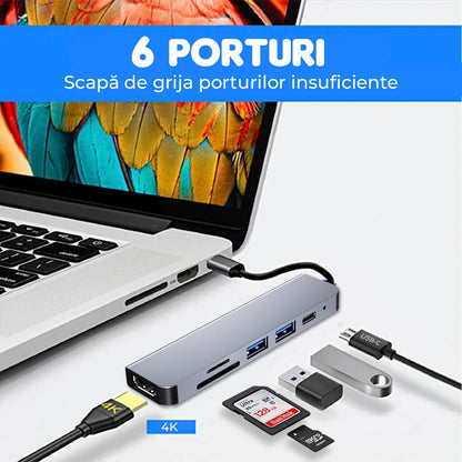Hub USB 6 in 1, Type-C / USB 3, Card Reader TF/SD, 87W, 480 Mbps, Argintiu