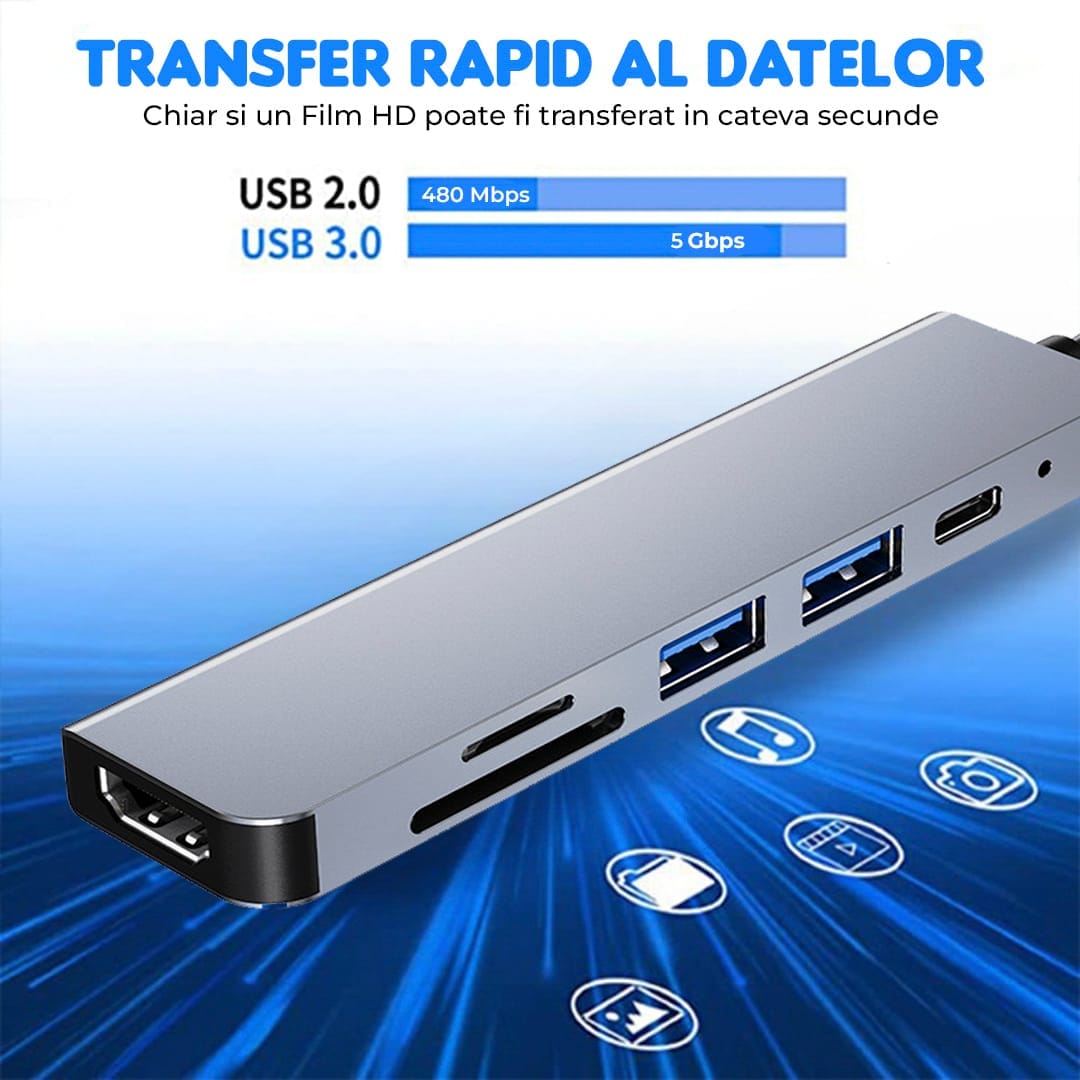 Hub USB 6 in 1, Type-C / USB 3, Card Reader TF/SD, 87W, 480 Mbps, Argintiu