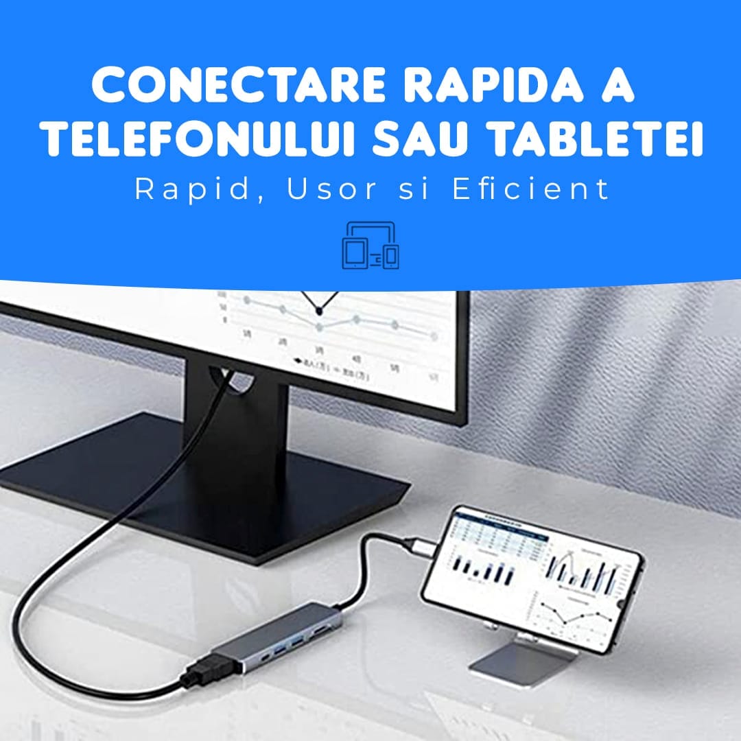 Hub USB 6 in 1, Type-C / USB 3, Card Reader TF/SD, 87W, 480 Mbps, Argintiu