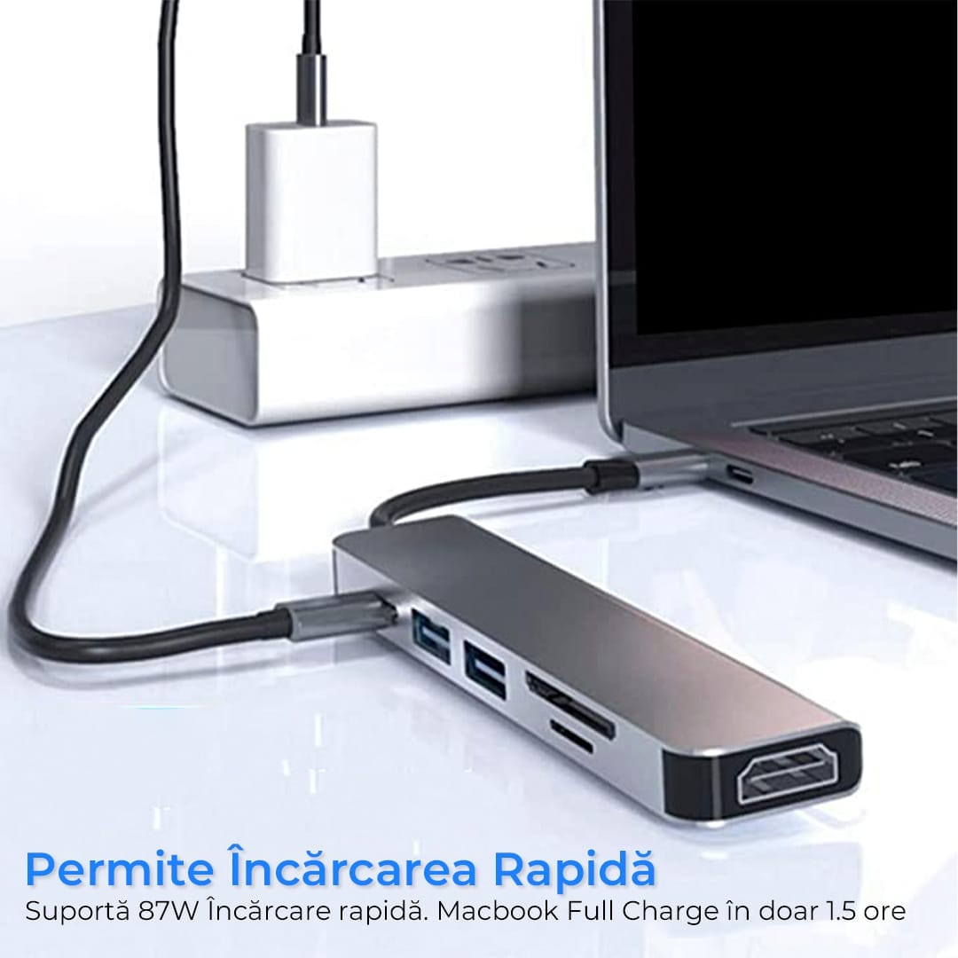 Hub USB 6 in 1, Type-C / USB 3, Card Reader TF/SD, 87W, 480 Mbps, Argintiu