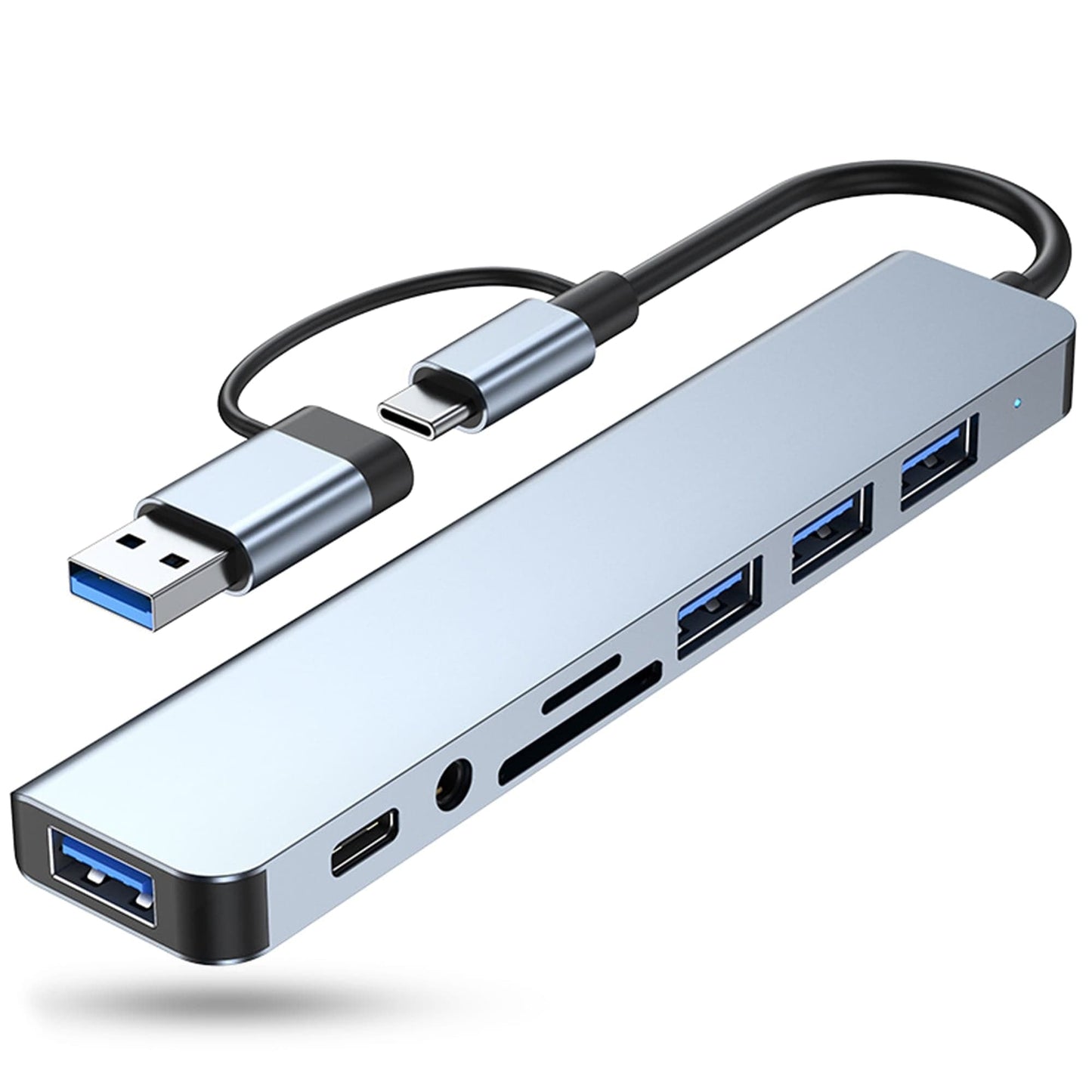 Hub USB 8 in 1, Type-C / USB 3, Card Reader TF/SD, Port audio Jack 3, Argintiu