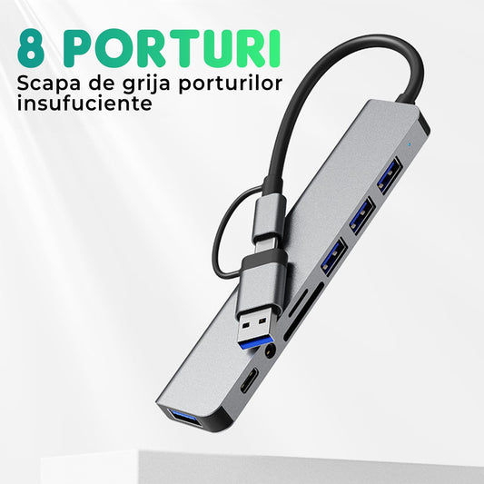 Hub USB 8 in 1, Type-C / USB 3, Card Reader TF/SD, Port audio Jack 3, Argintiu