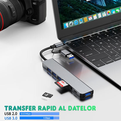 Hub USB 8 in 1, Type-C / USB 3, Card Reader TF/SD, Port audio Jack 3, Argintiu