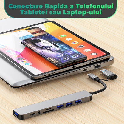 Hub USB 8 in 1, Type-C / USB 3, Card Reader TF/SD, Port audio Jack 3, Argintiu
