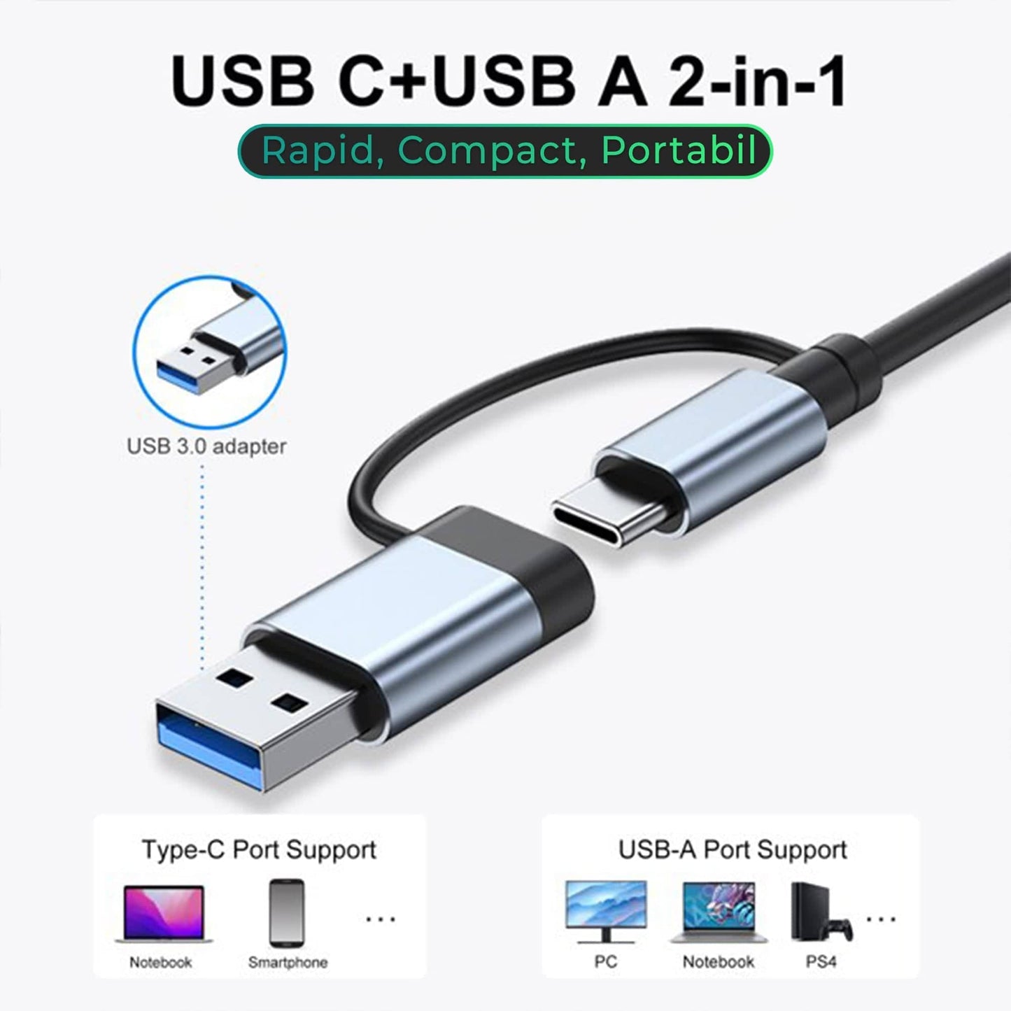 Hub USB 8 in 1, Type-C / USB 3, Card Reader TF/SD, Port audio Jack 3, Argintiu