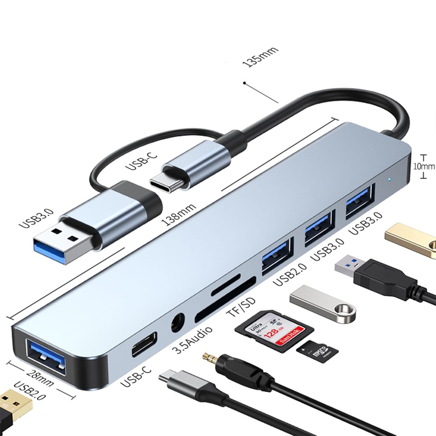 Hub USB 8 in 1, Type-C / USB 3, Card Reader TF/SD, Port audio Jack 3, Argintiu