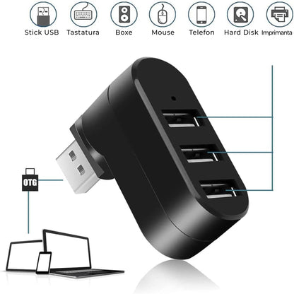 Hub USB extern 3 in 1, Adaptor cu 3 porturi, USB 3, Negru