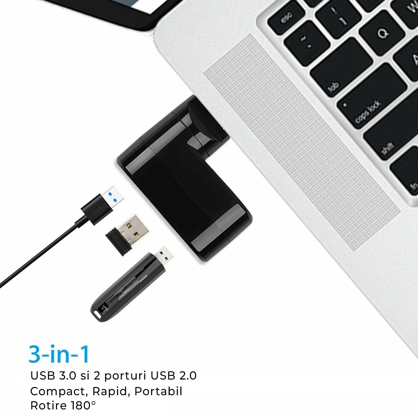 Hub USB extern 3 in 1, Adaptor cu 3 porturi, USB 3, Negru
