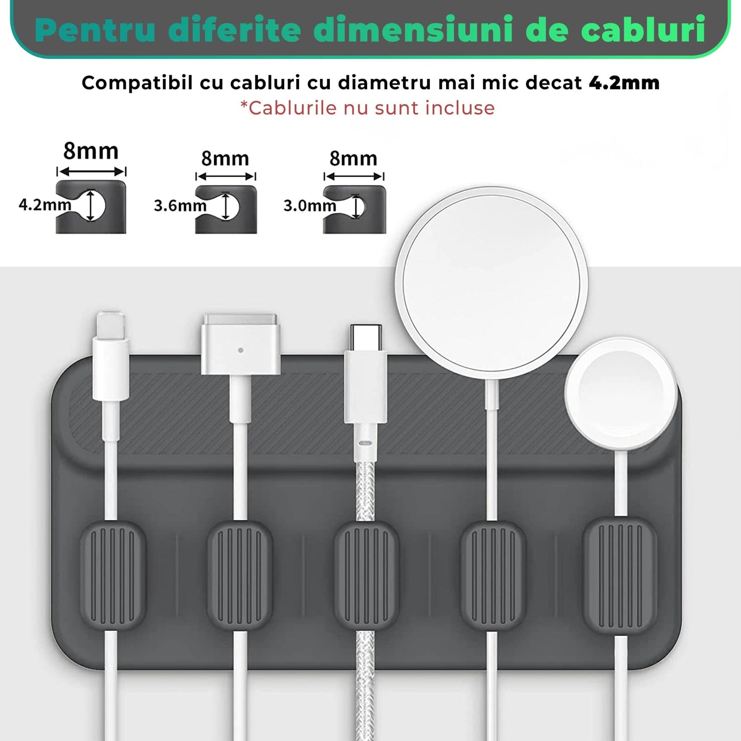Organizator de cabluri Magentic Timebox, cu 5 locuri, masa, noptiera, Gri
