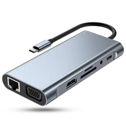 Hub USB 11 in 1, Type-C, Card Reader TF/SD, Port audio Jack 3, 5mm, VGA, Gri