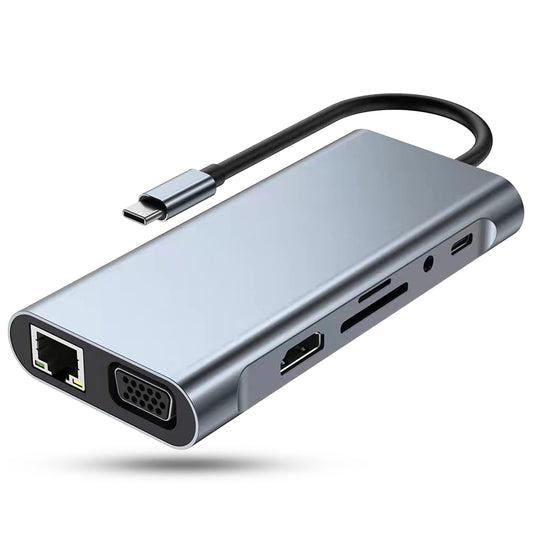 Hub USB 11 in 1, Type-C, Card Reader TF/SD, Port audio Jack 3, 5mm, VGA, Gri