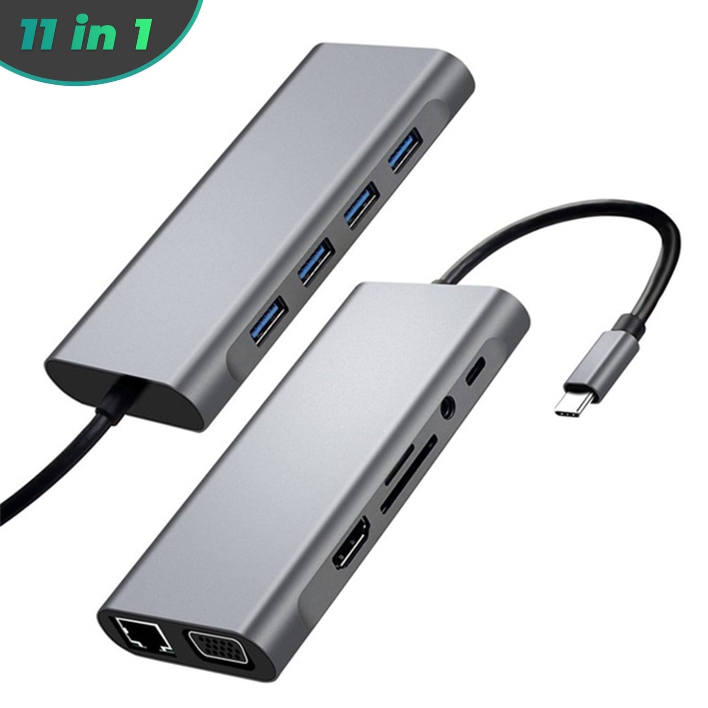Hub USB 11 in 1, Type-C, Card Reader TF/SD, Port audio Jack 3, 5mm, VGA, Gri