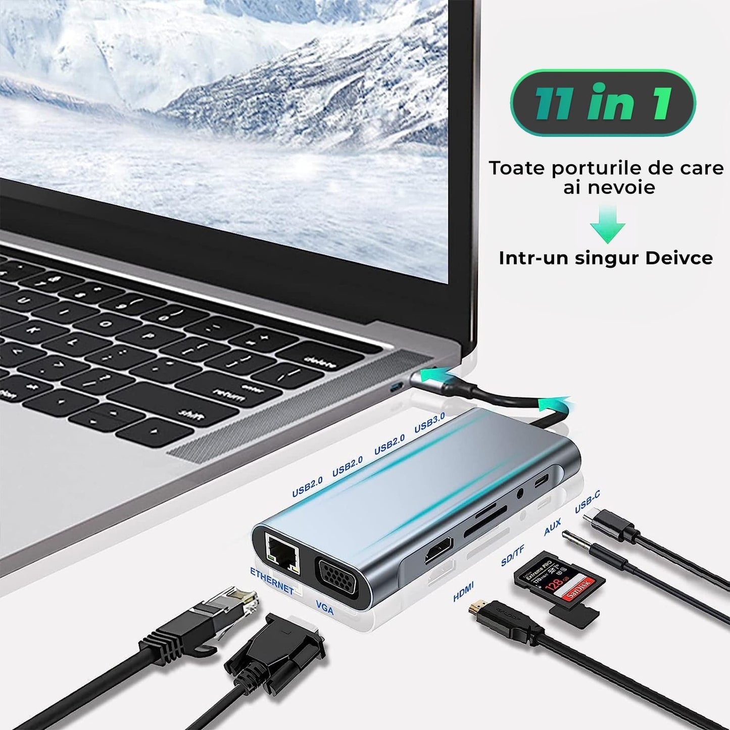 Hub USB 11 in 1, Type-C, Card Reader TF/SD, Port audio Jack 3, 5mm, VGA, Gri
