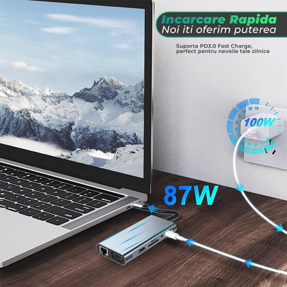 Hub USB 11 in 1, Type-C, Card Reader TF/SD, Port audio Jack 3, 5mm, VGA, Gri