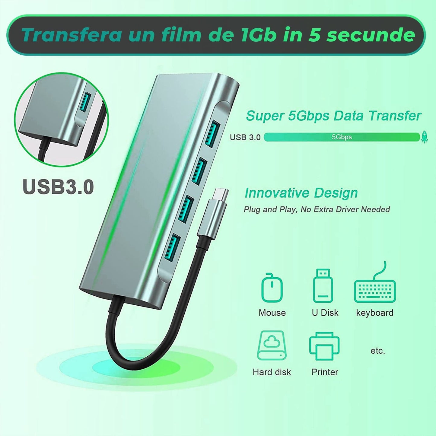Hub USB 11 in 1, Type-C, Card Reader TF/SD, Port audio Jack 3, 5mm, VGA, Gri