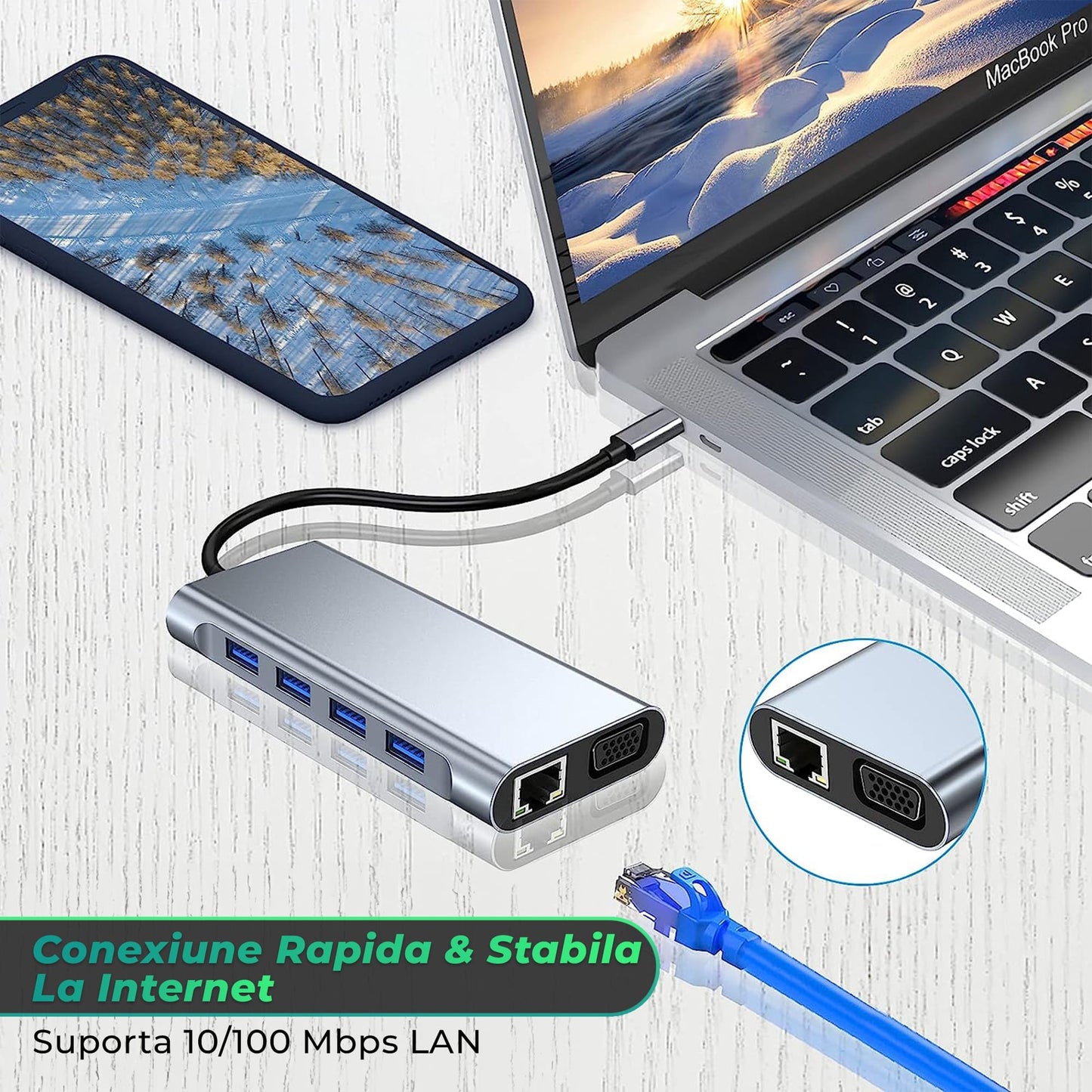 Hub USB 11 in 1, Type-C, Card Reader TF/SD, Port audio Jack 3, 5mm, VGA, Gri