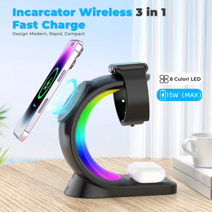 Incarcator Wireless Timebox, 15W, 3 In 1, Magsafe, Android, Samsung, Airpods