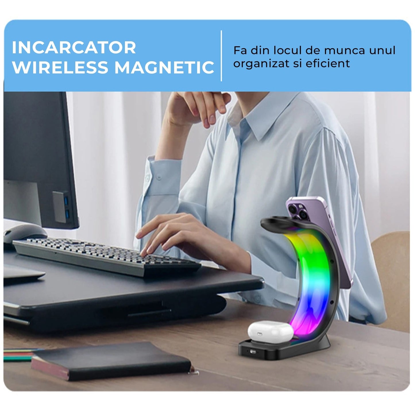 Incarcator Wireless Timebox, 15W, 3 In 1, Magsafe, Android, Samsung, Airpods