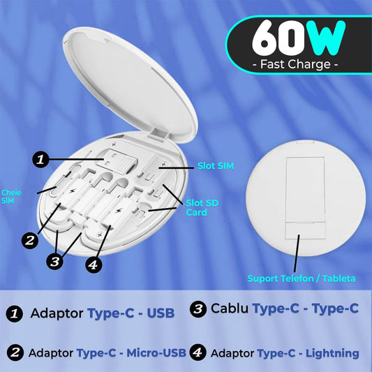 Cablu de date 5 in 1, 60W, Multifunctional, Organizator cabluri, Type-C, Alb