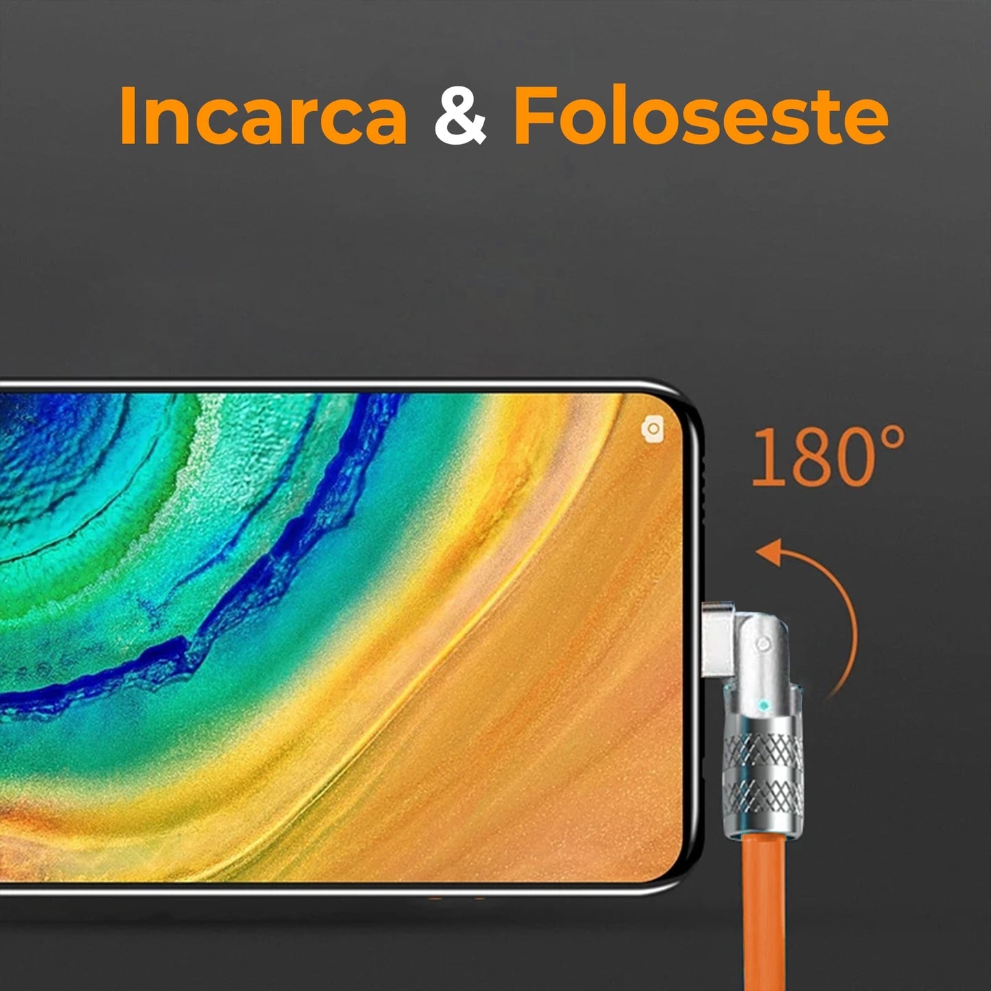 Cablu Date si Incarcare Rapida Timebox, 120W, 2m, Rotire 180 grade, Portocaliu