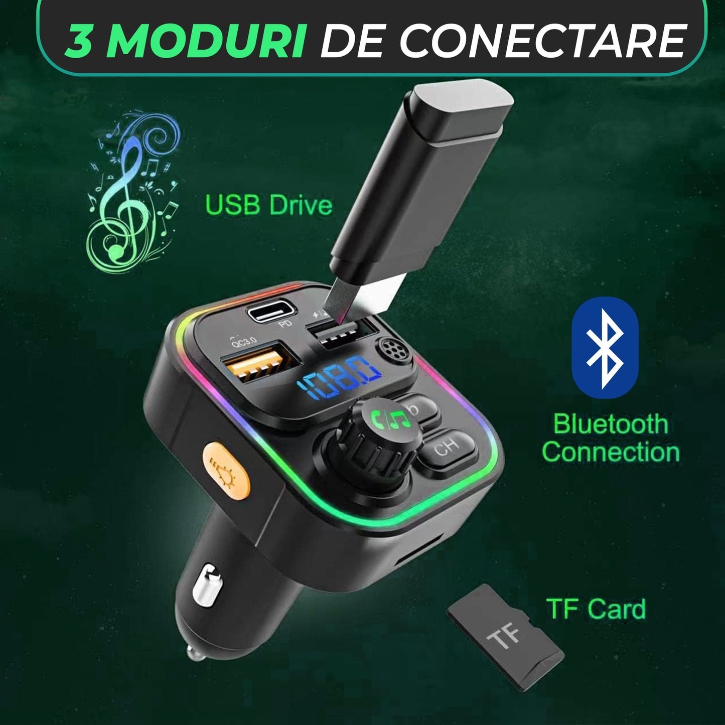 Modulator FM Timebox, 20W, Hands-Free Kit, QC 3, Port USB Type-C, Bluetooth 5