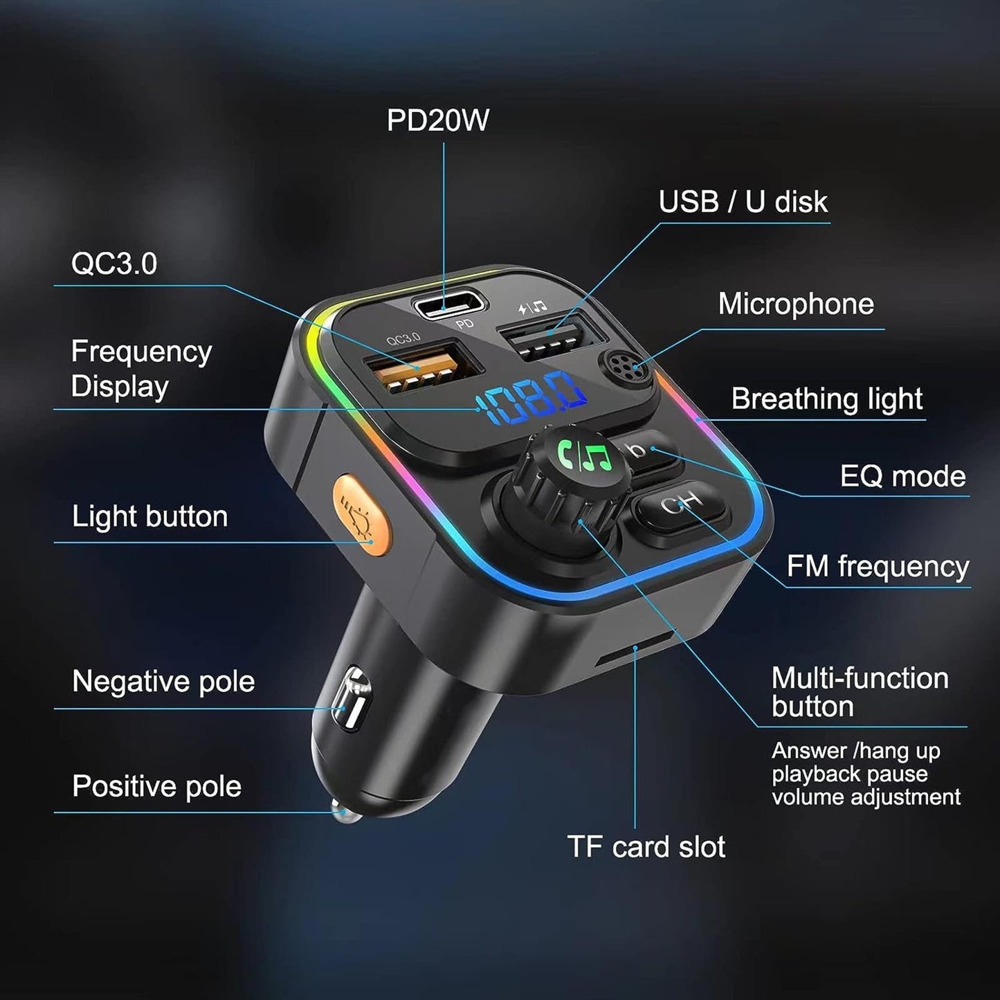 Modulator FM Timebox, 20W, Hands-Free Kit, QC 3, Port USB Type-C, Bluetooth 5