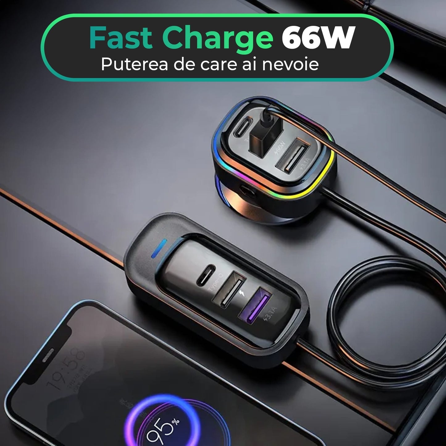 Incarcator auto 66W Super Fast Charge Timebox, 6 in 1, USB, USB-C, Negru